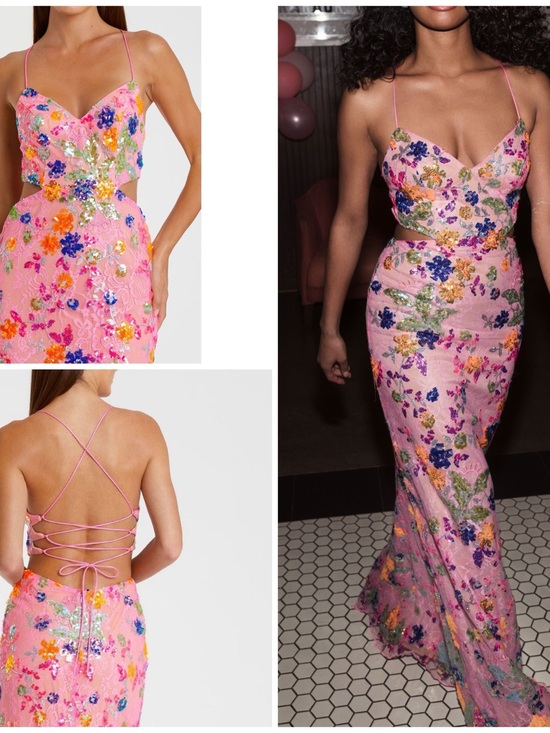 Mac Duggal Dresses & Skirts - Mac Duggal Pink Floral Sequin Backless Lace-Up Evening Gown Maxi Beaded Dress 6